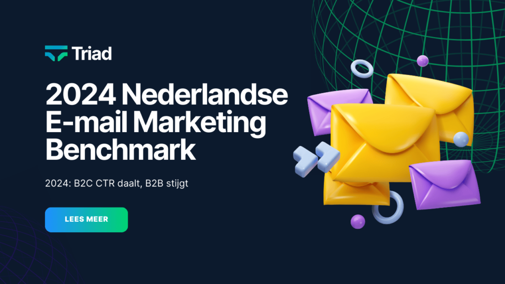 Information about the 2024 Dutch Email Marketing Benchmark, with an image of colorful envelopes.