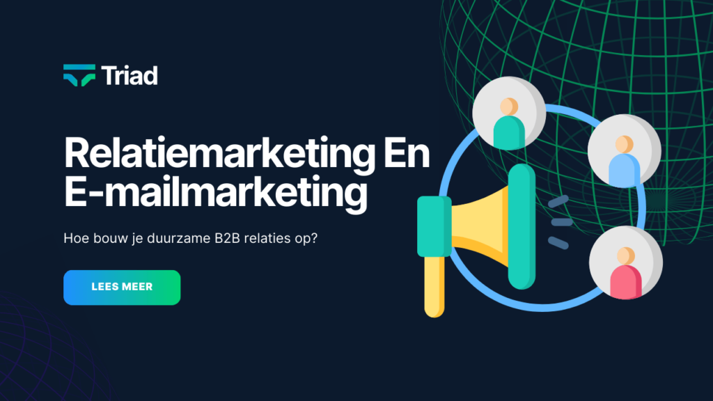 Information about relationship marketing and email marketing, with an image of a megaphone and people connected to each other.